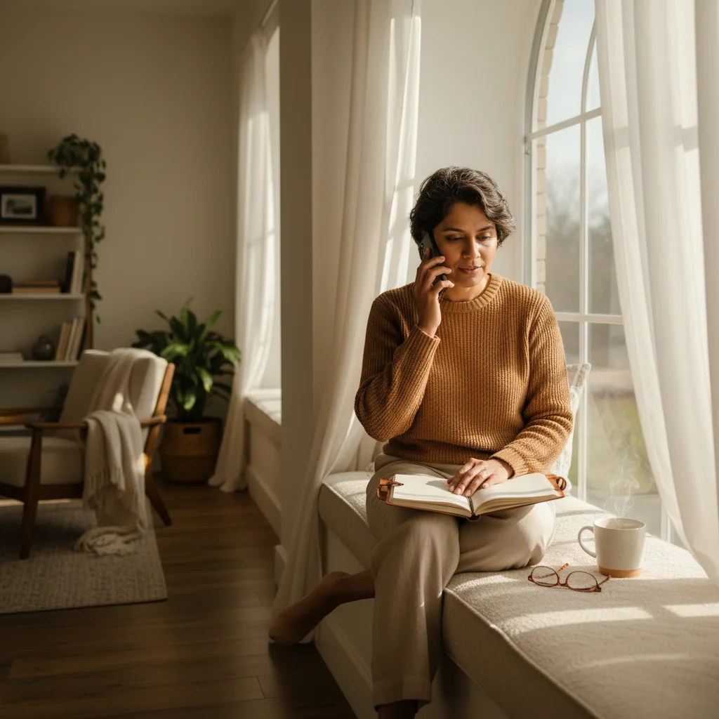 A parent on a phone call at a sunlit window with a notebook open