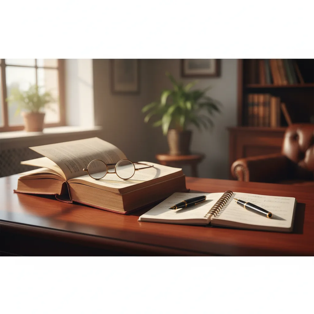 An open statute book and notebook on a polished wooden office table in soft window light