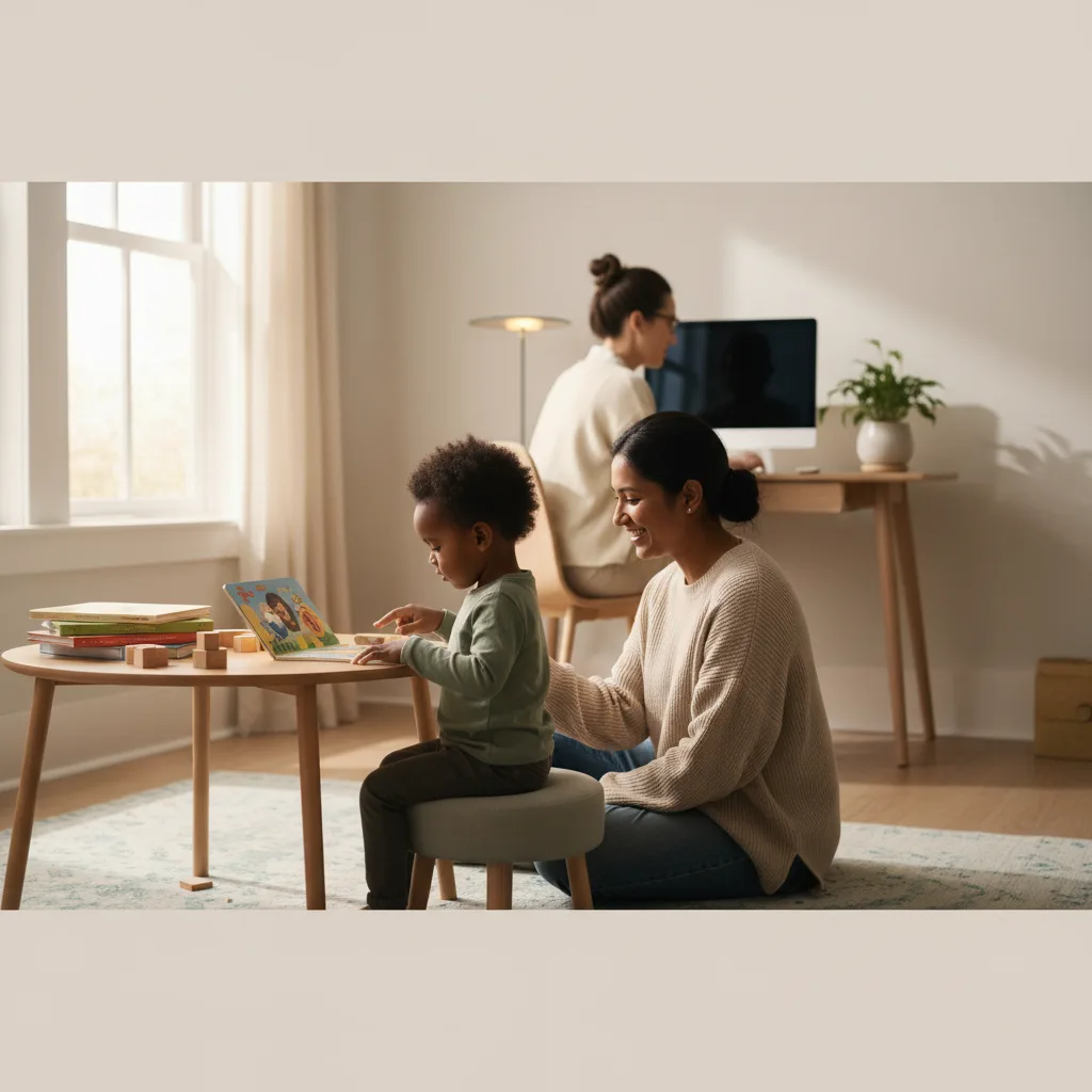A child and a parent meeting in a brightly lit supervised visitation room with a third adult present in soft focus