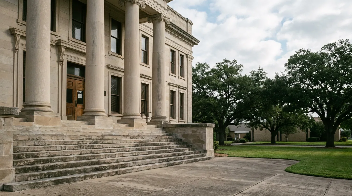 A calm county courthouse exterior with stone steps and columns in soft morning light