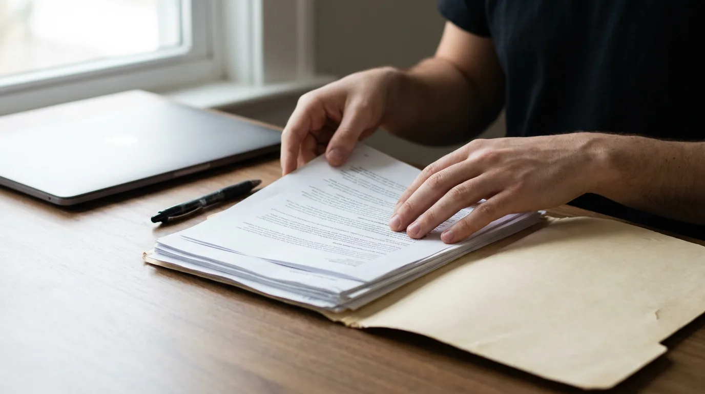 Hands organizing printed documents and a folder on a desk, careful preparation for a hearing