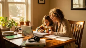 An aunt and a school-age child doing homework together at a dining table in warm afternoon light
