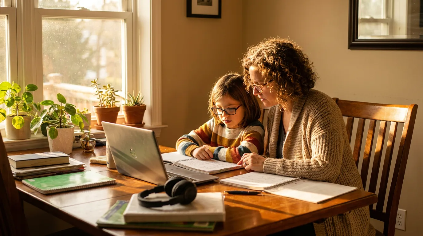 An aunt and a school-age child doing homework together at a dining table in warm afternoon light