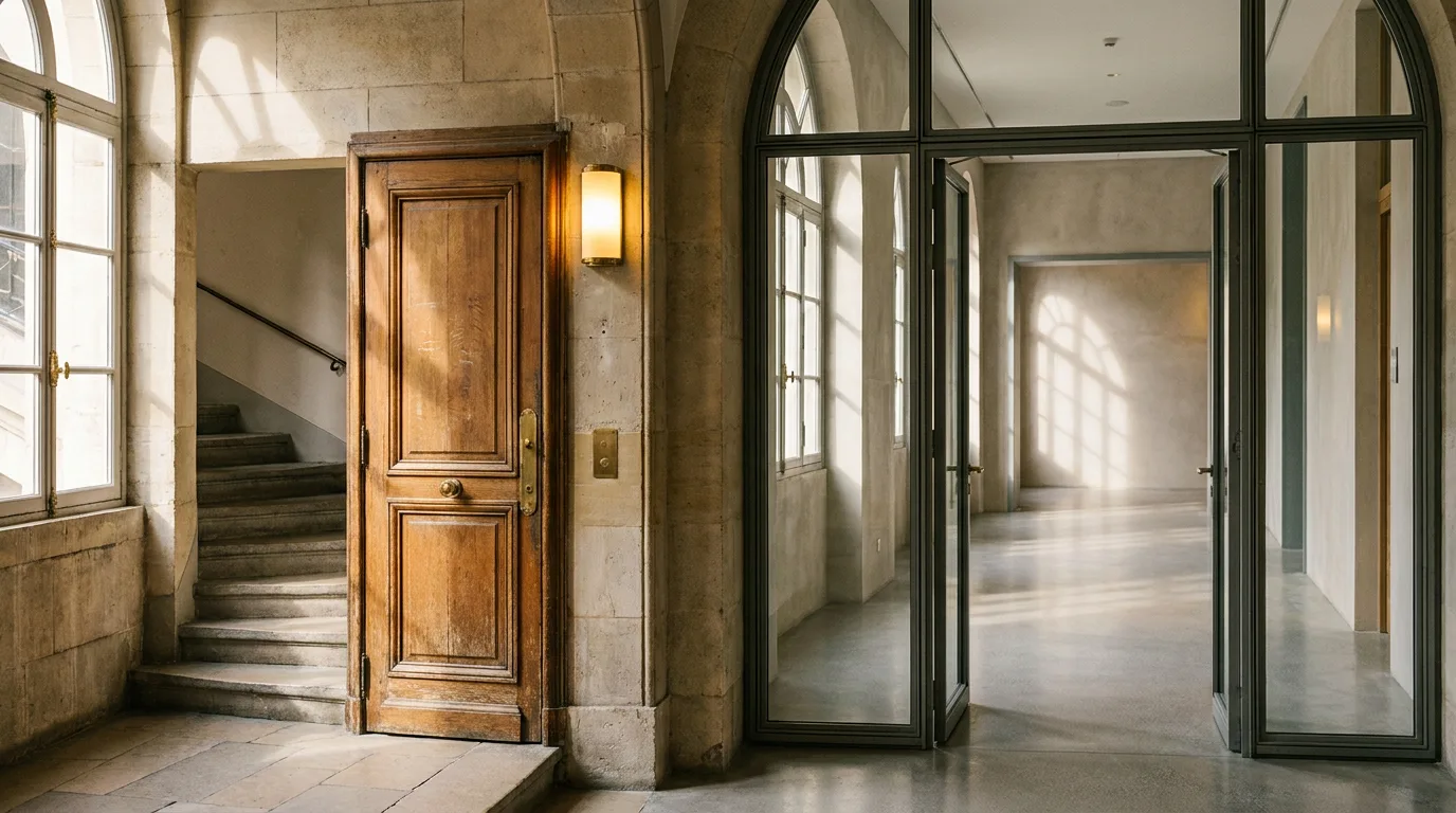 Two separate doorways in a calm, sunlit public building, suggesting two different legal paths