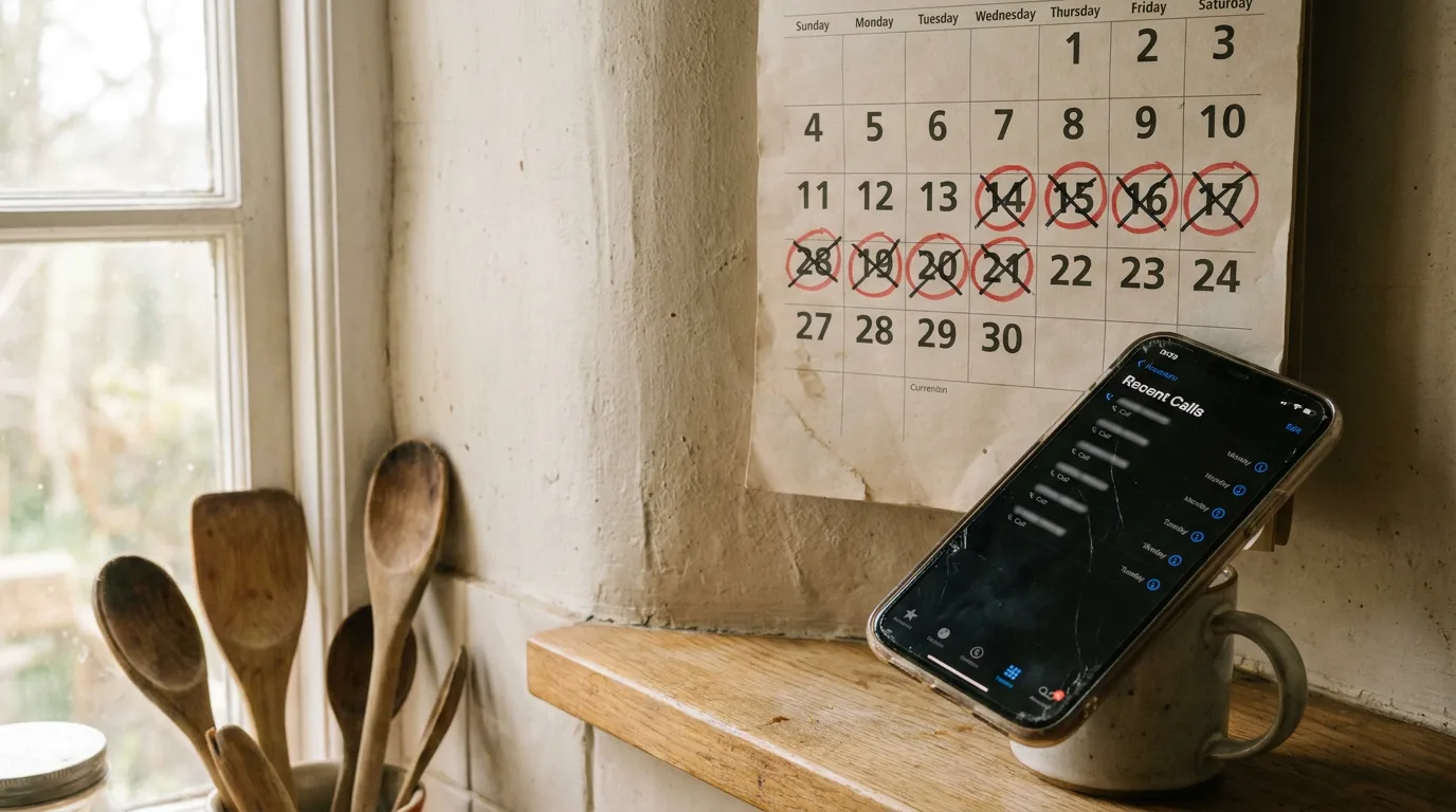 A kitchen wall calendar with marked dates beside a phone showing a blank call log