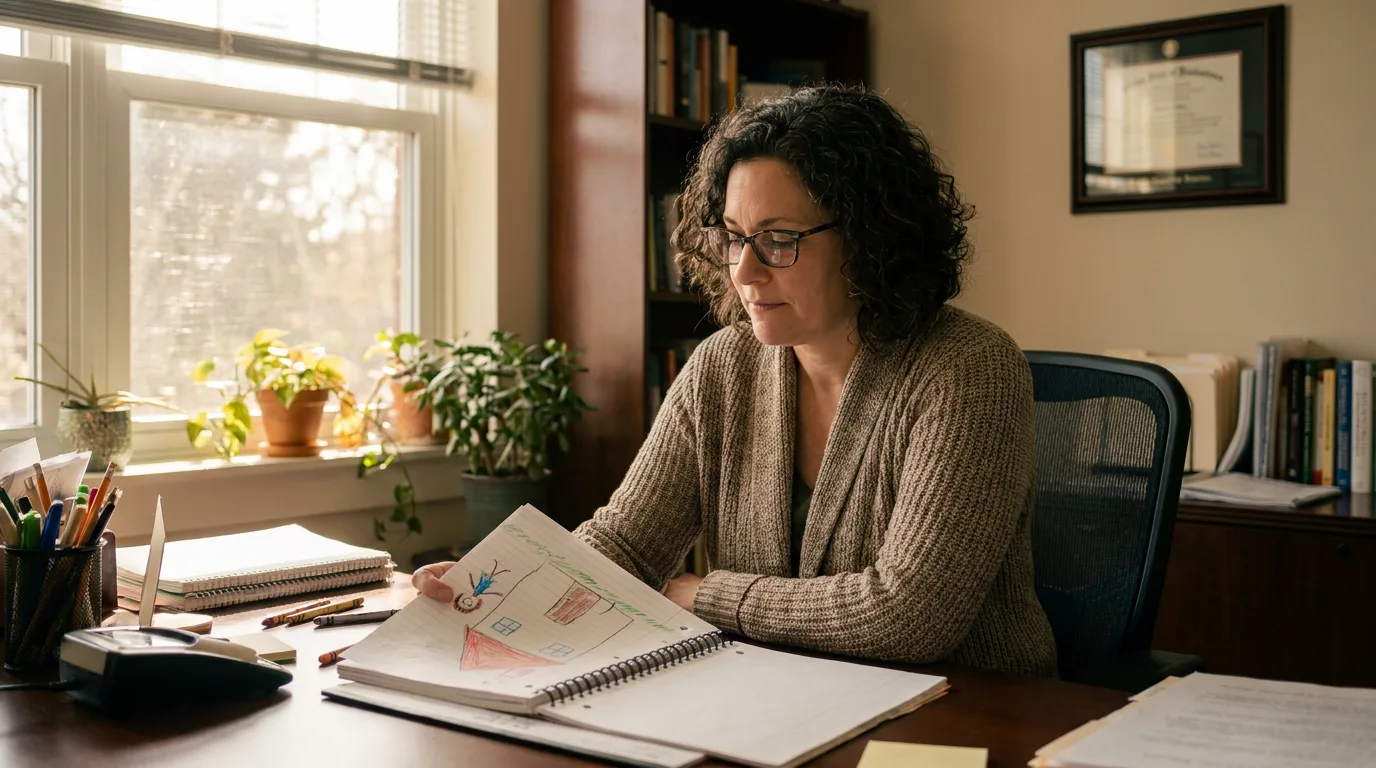 A child advocate reviewing case notes at a desk in a quiet, sunlit office