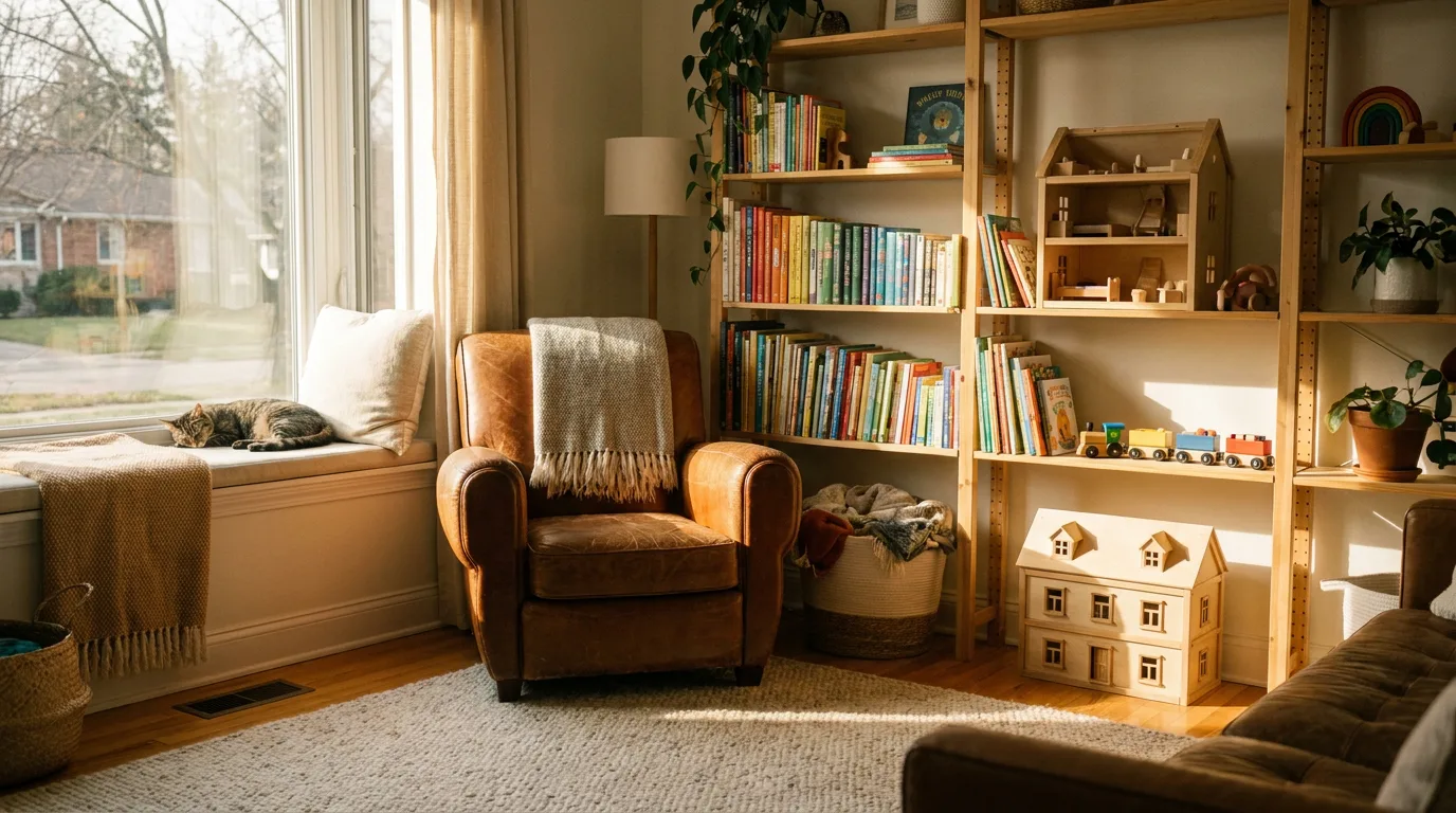 A warm, tidy family living room with children's books and toys in soft afternoon light