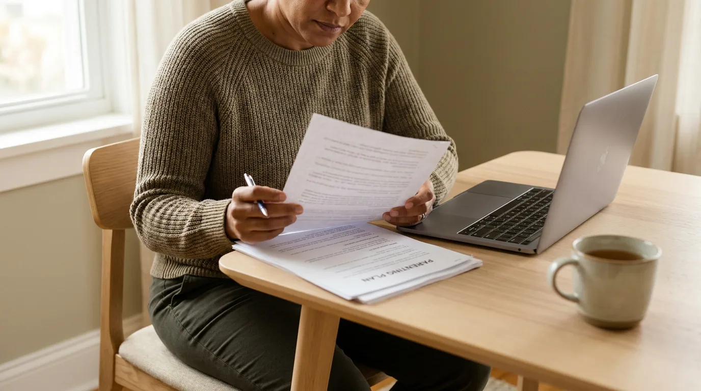 A parent at a desk reviewing a written parenting plan with a pen in hand