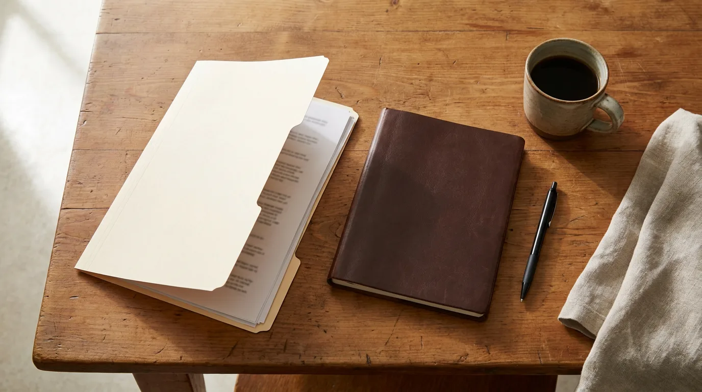 A folder of documents and a notebook on a kitchen table with a coffee mug