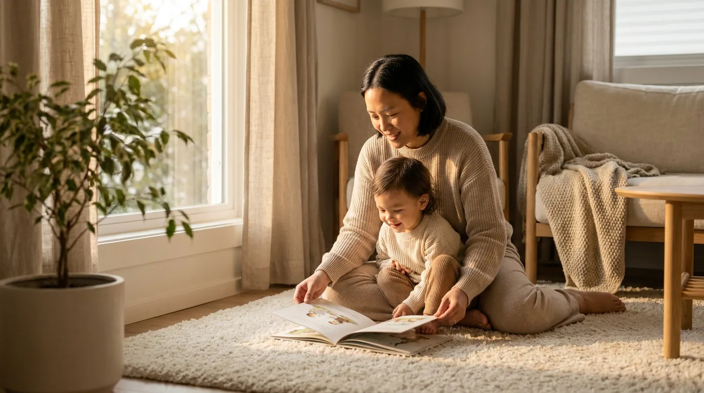 A parent sitting with their child on a sunlit living-room floor, calm and engaged