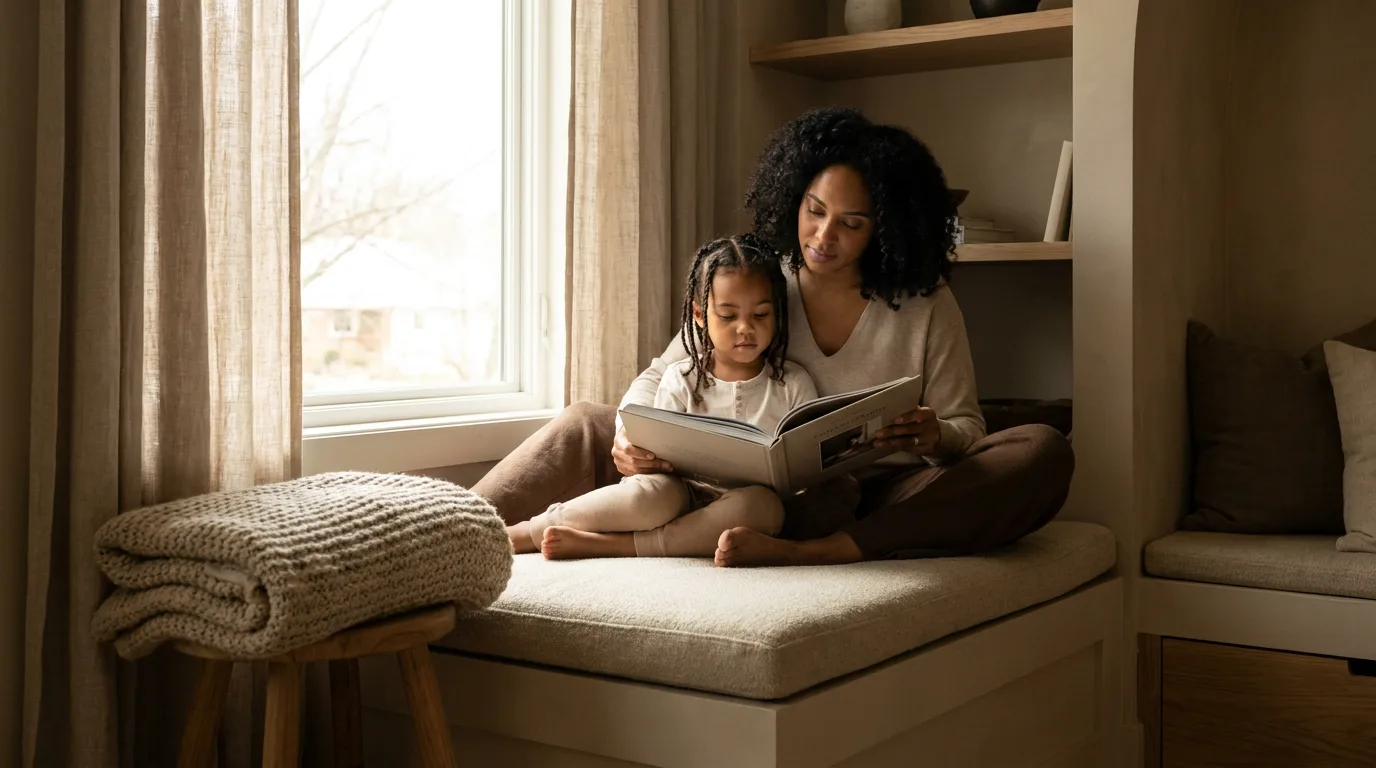 A parent reading a book with a young child on a window seat in soft natural light