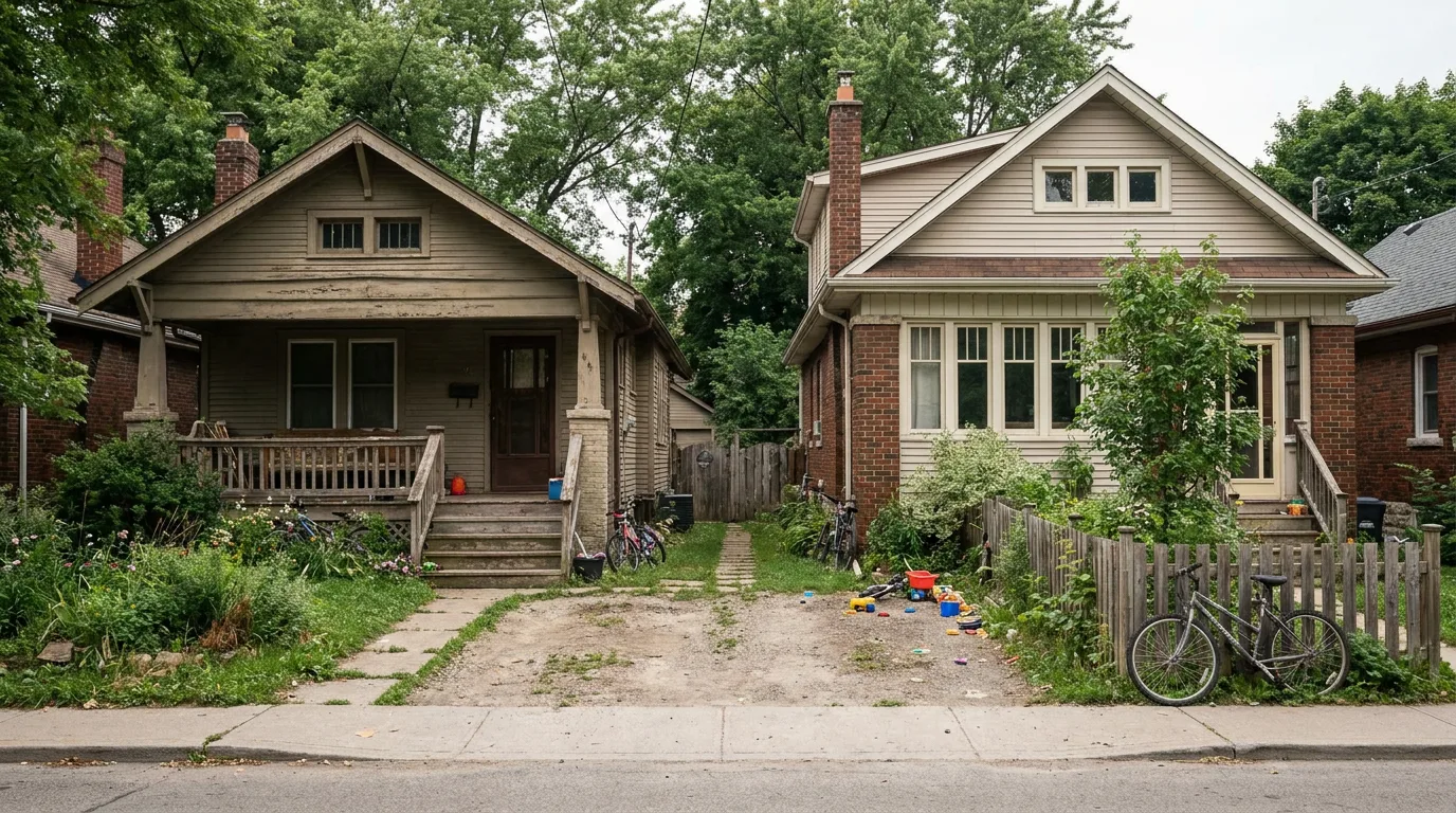 Two warm family homes side by side on a quiet residential street, suggesting a child who moves between households