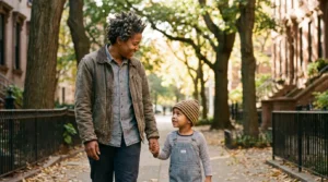 A parent and child walking together on a tree-lined sidewalk in soft afternoon light, relaxed and unhurried