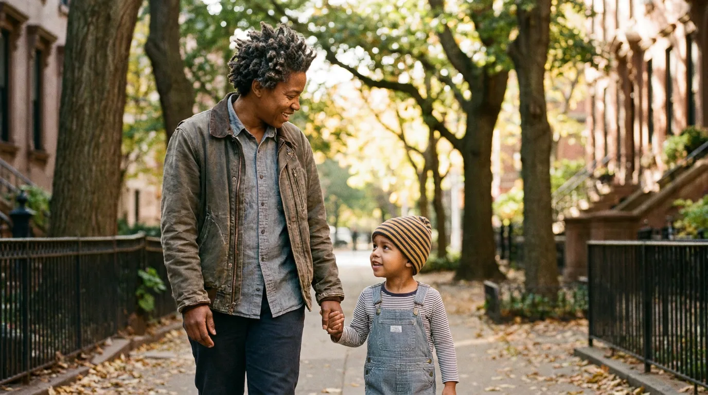 A parent and child walking together on a tree-lined sidewalk in soft afternoon light, relaxed and unhurried