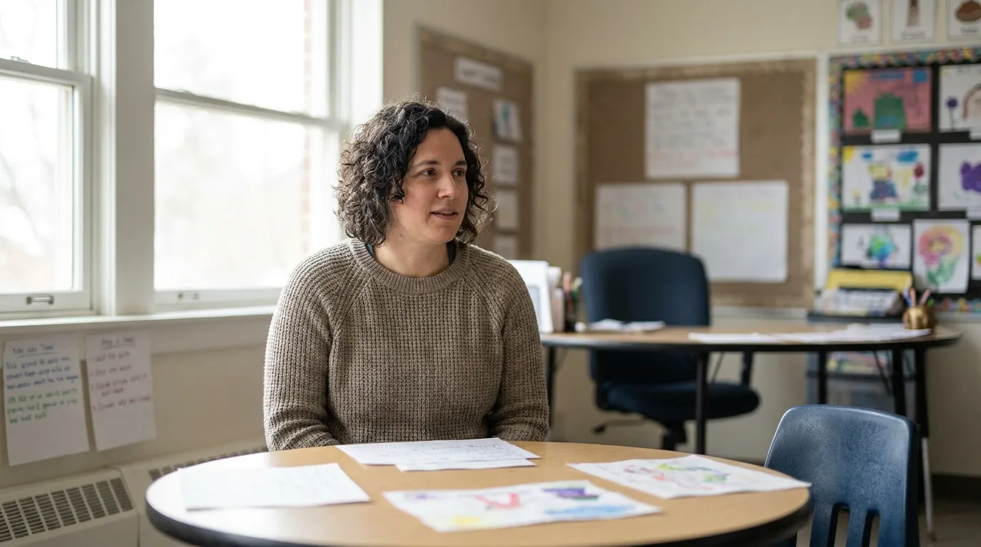 A parent attending a school meeting in a bright classroom, attentive and engaged