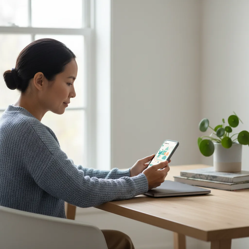 A parent reviewing a co-parenting app on a phone in a quiet home office