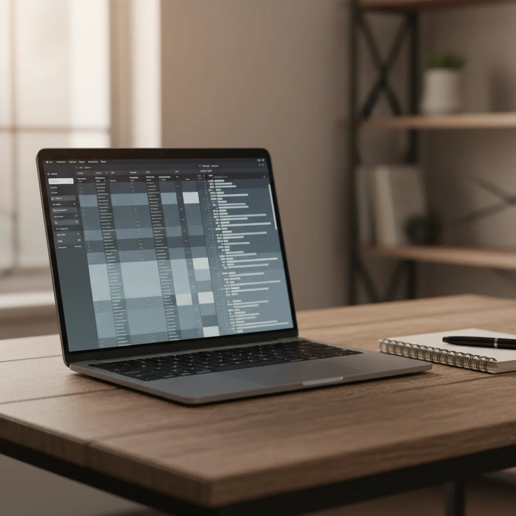 A laptop showing an abstract timestamped communication log on a wooden desk