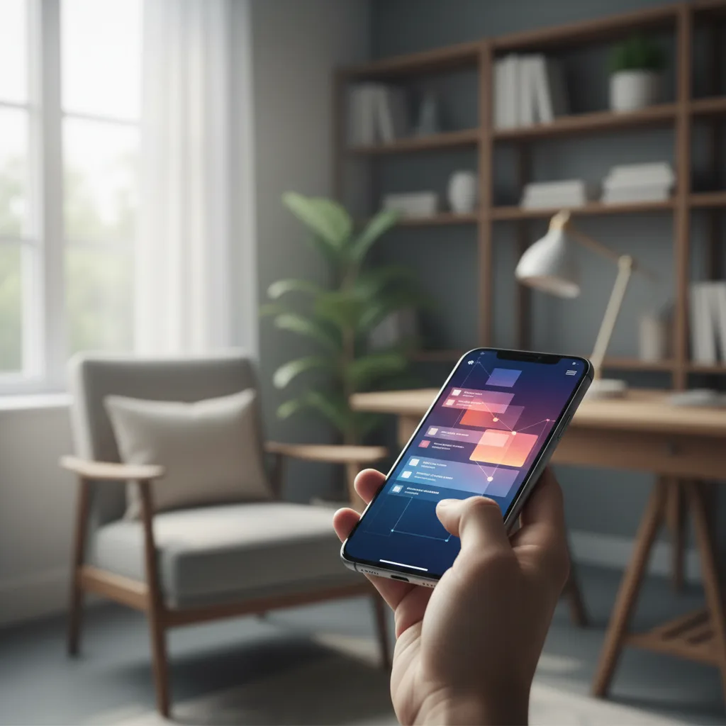 A parent holding a phone showing an abstract co-parenting app interface
