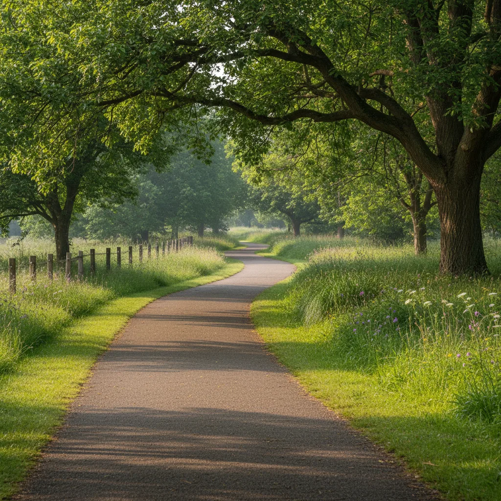 Two parallel walking paths diverging gently through a quiet park at dawn