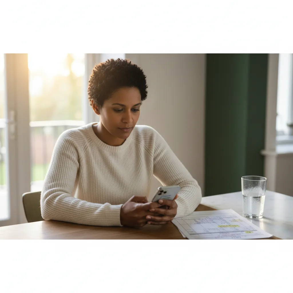 A parent composing a brief co-parenting message on a phone in calm daylight