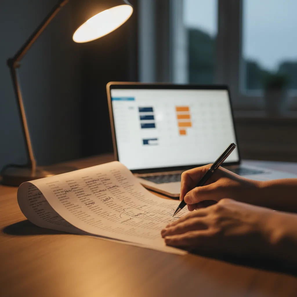 A parent annotating a printed communication log at a desk in soft evening light