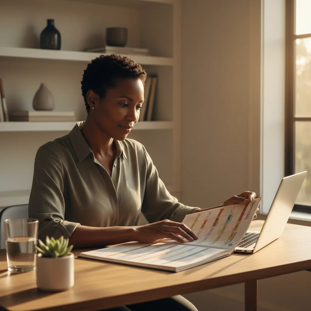 A parent at a desk reviewing a parenting calendar and laptop in late afternoon light