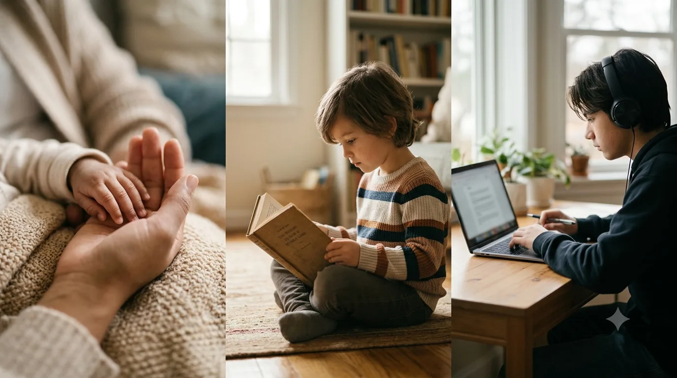 Three vignettes showing developmental stages from infant to teenager