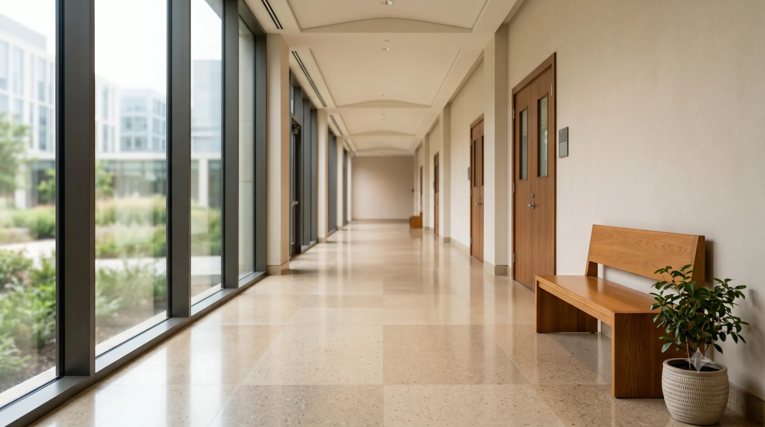 A quiet courthouse hallway in soft natural daylight