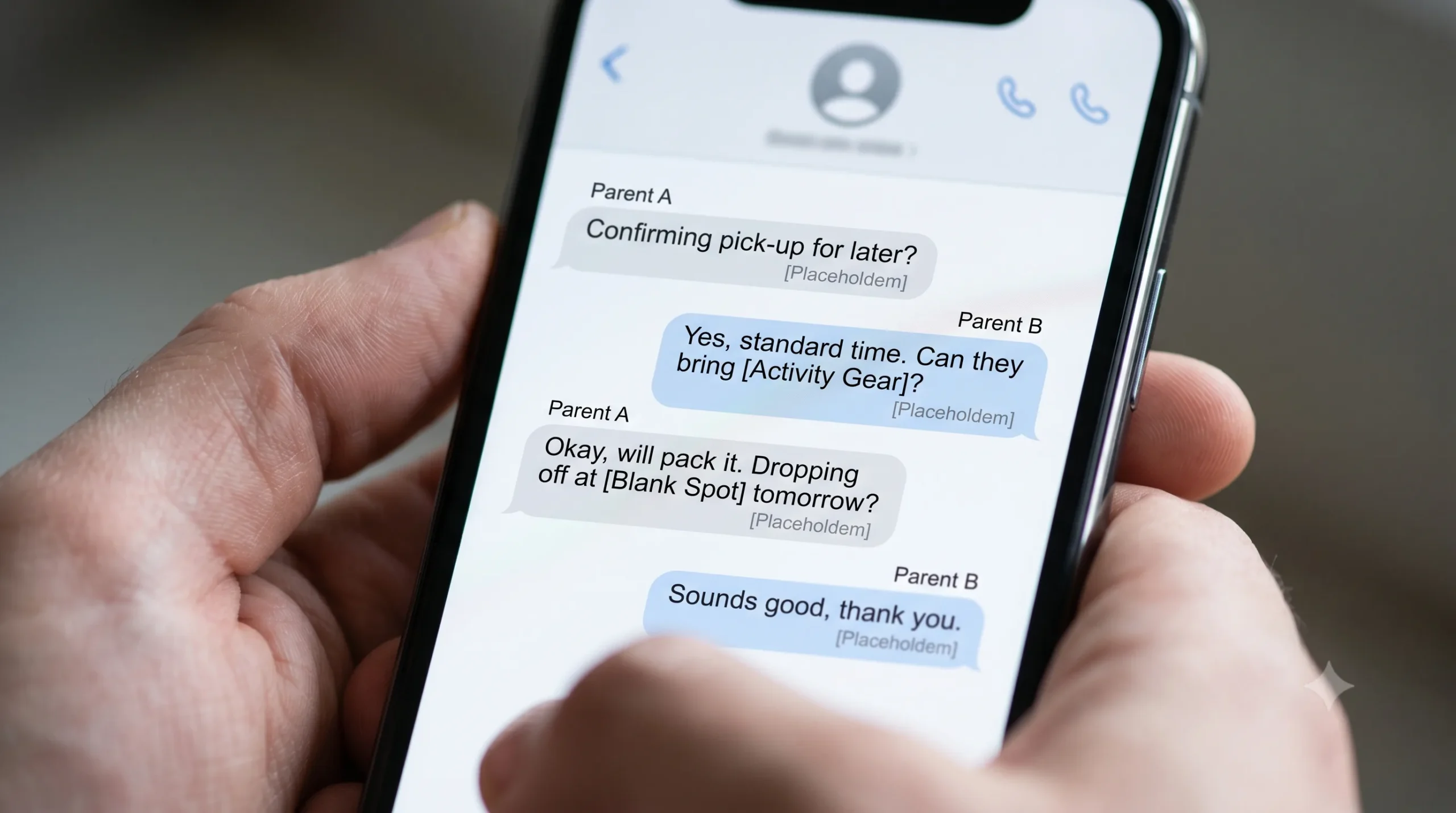 A phone showing a calm text exchange between two parents about a child's schedule