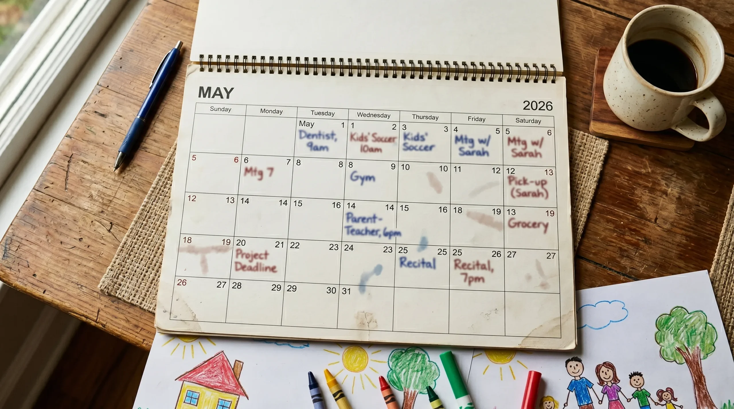 A shared paper calendar marked in two different handwriting styles