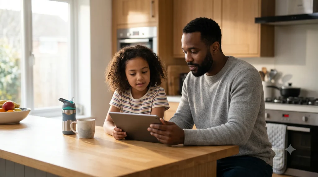 A parent and child reviewing a shared calendar on a tablet in a sunlit kitchen