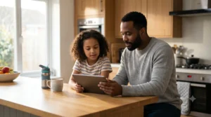 A parent and child reviewing a shared calendar on a tablet in a sunlit kitchen