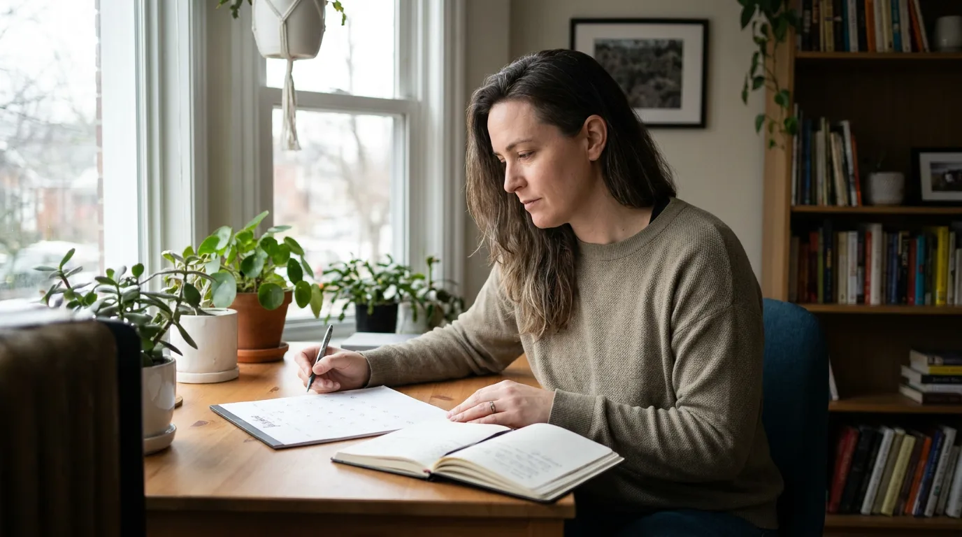 A parent at a home desk calmly reviewing a calendar and notebook