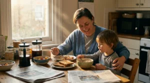 A parent and child sharing breakfast at a kitchen table in soft morning light, an ordinary weekday routine