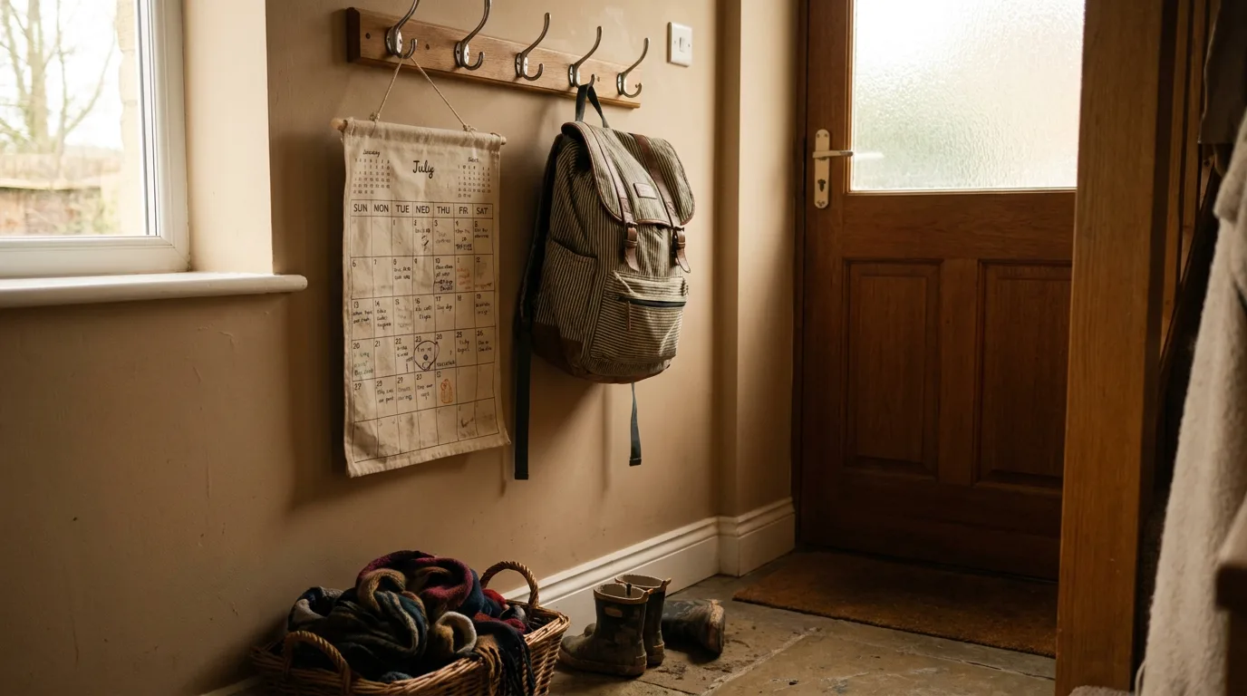 A wall calendar and a child's backpack by a front door, suggesting a primary residence and weekly routine