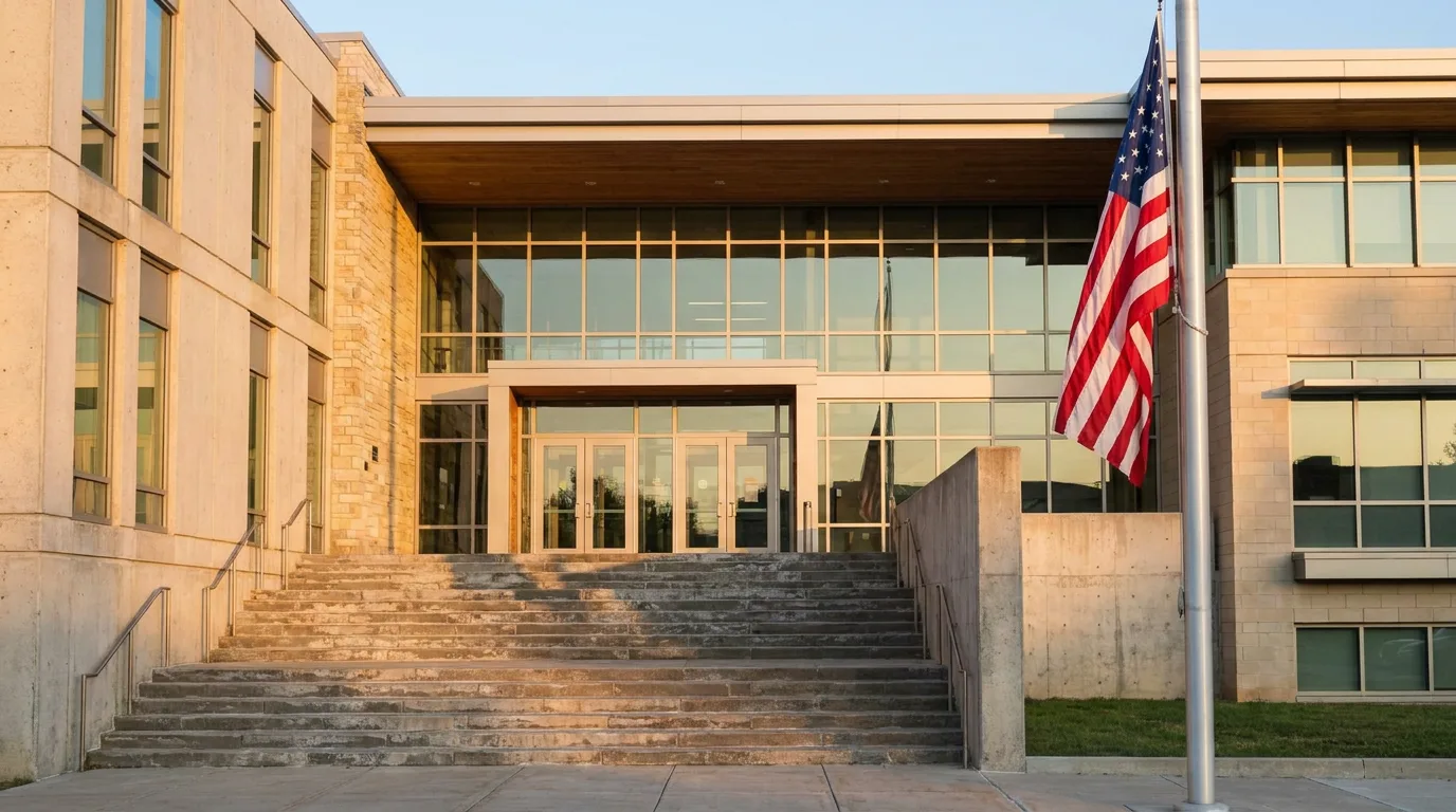 Exterior of a modern county courthouse in late afternoon light, empty stone steps and an American flag