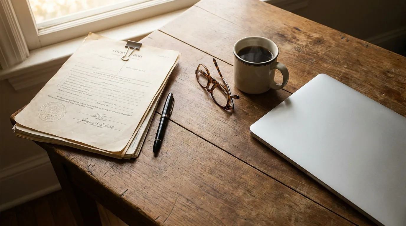 Overhead view of court forms, a pen, reading glasses, and a coffee mug on a wooden desk