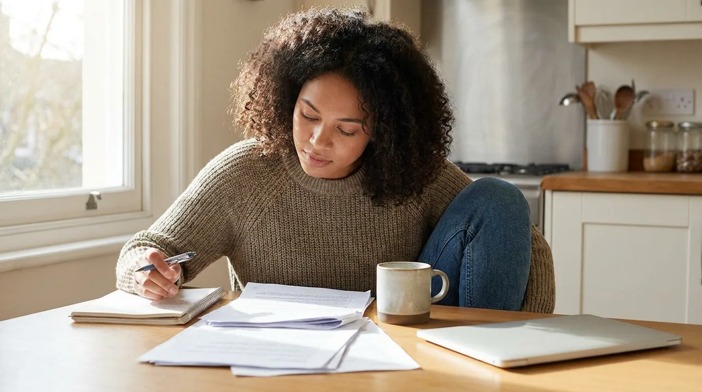 A parent in their late 30s reading court paperwork at a kitchen table in soft morning light, calm and focused