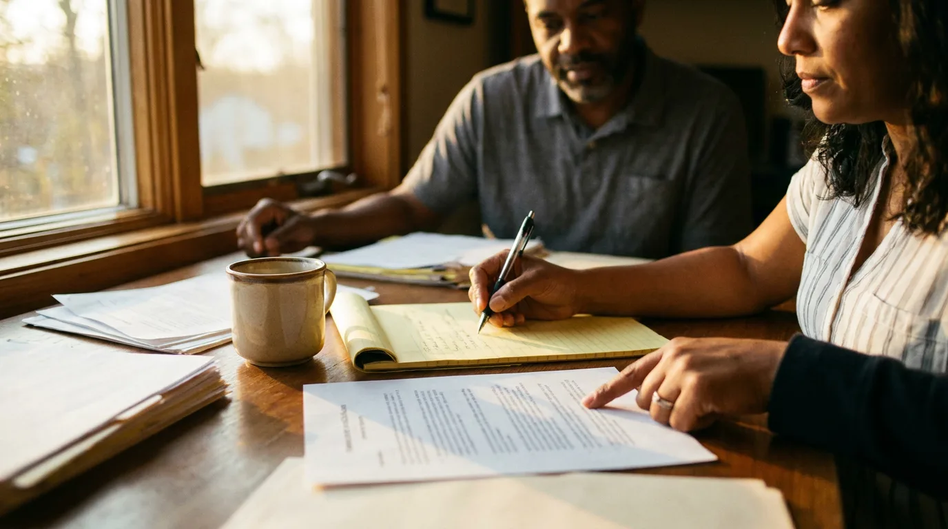 Two adults at an office table reviewing documents together, one taking notes on a legal pad