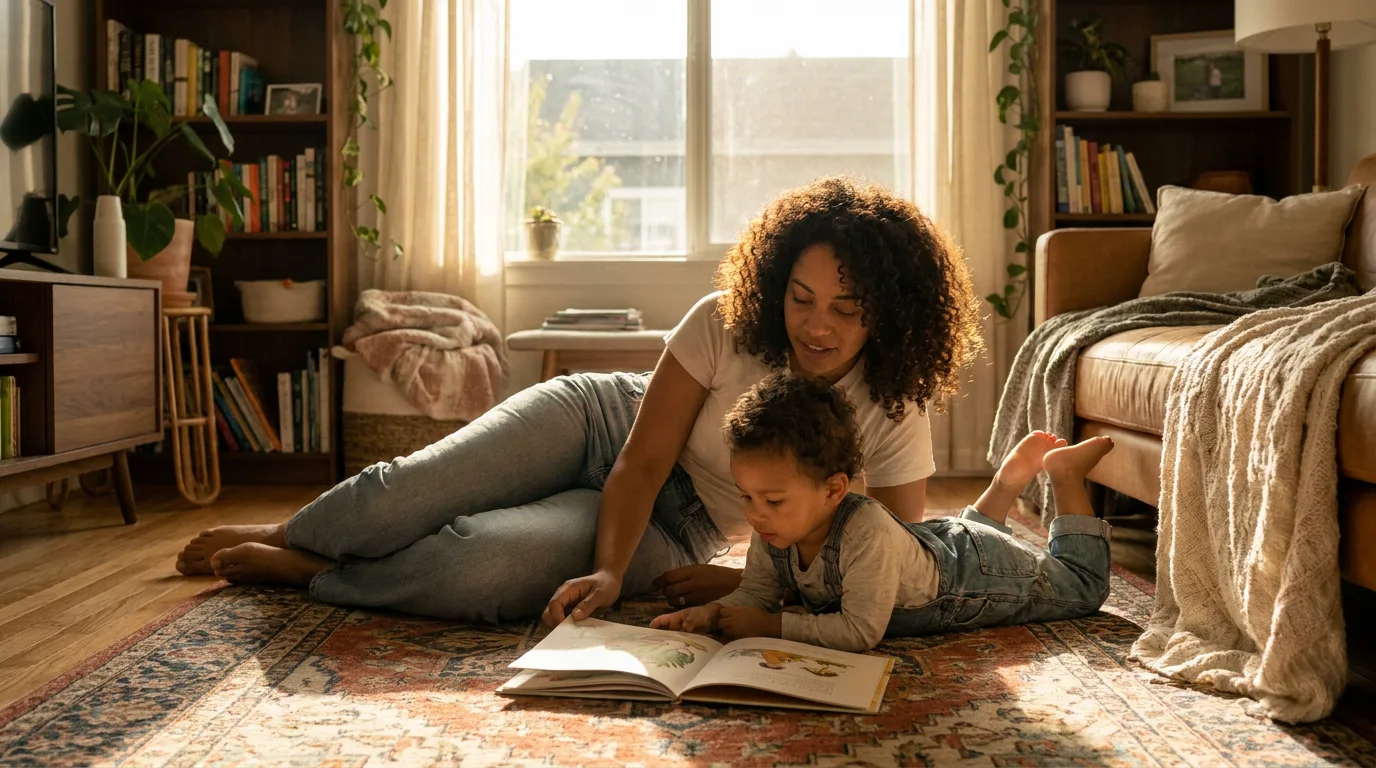 A parent reading a picture book on the floor with their young child, calm and engaged
