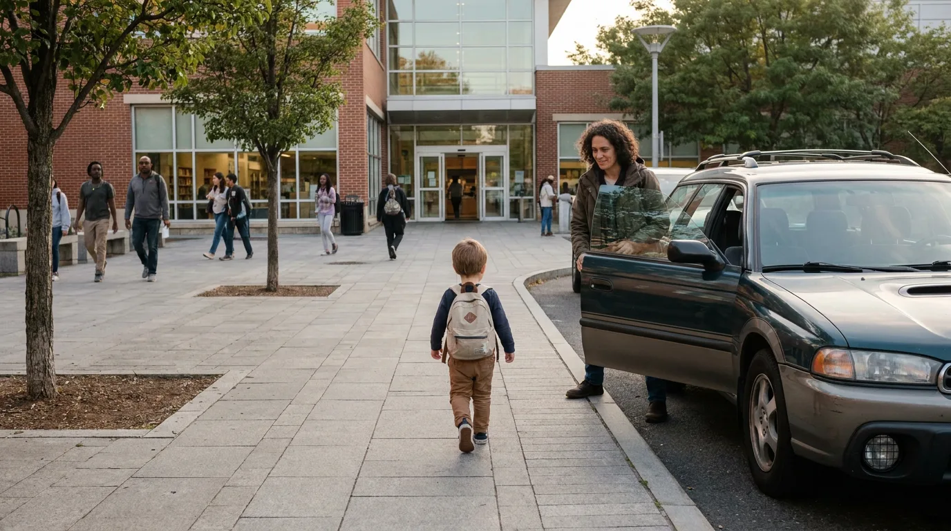 A child walking with a backpack toward a parent's car at a calm public exchange location