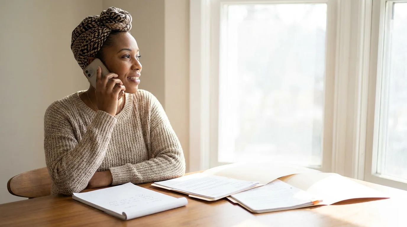 A parent on a phone call by a sunlit window with a notepad open beside them