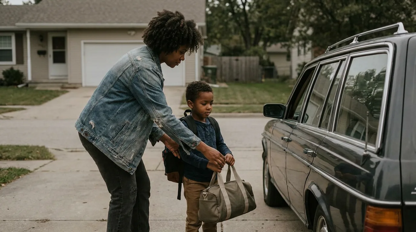 A parent helping a child carry bags toward a car during a calm custody handoff