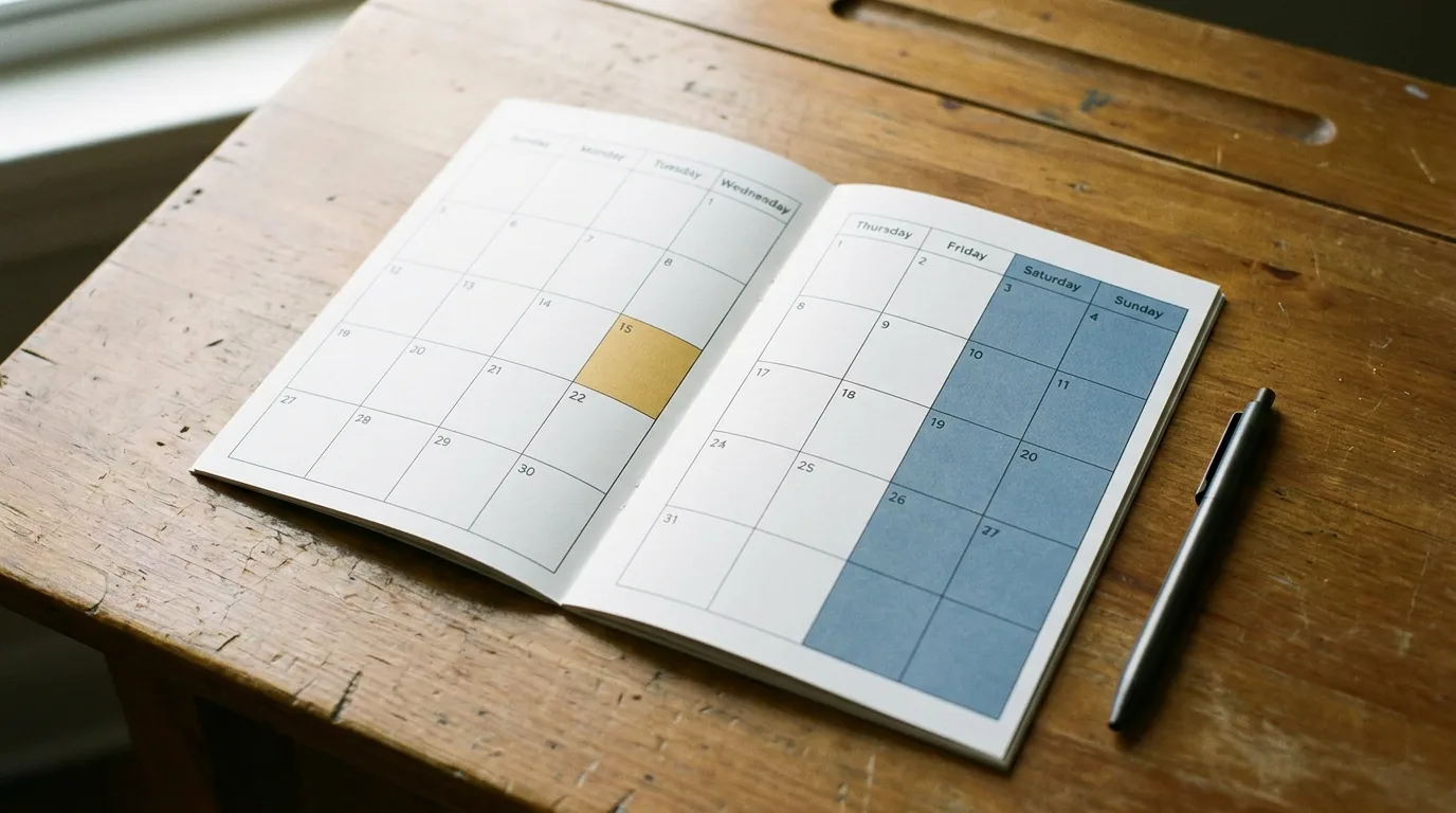 A monthly calendar with alternating weekends and one midweek day shaded to show a standard visitation pattern