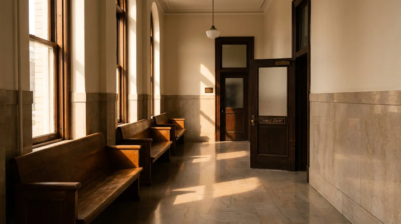 A quiet courthouse hallway with afternoon light spilling across a wooden Family Court door