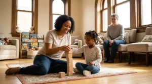 A child and parent playing on the floor of a brightly lit family visitation room with a third adult observing in soft focus