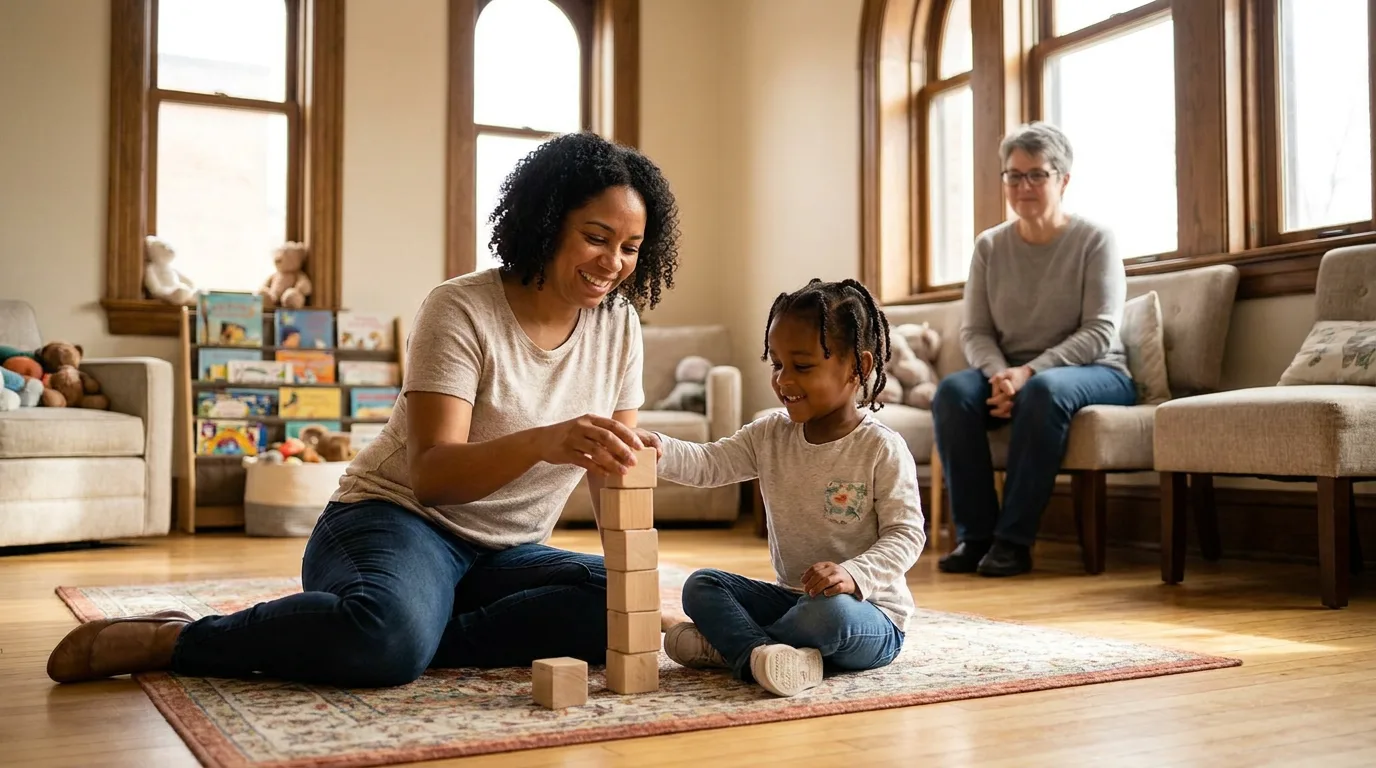 A child and parent playing on the floor of a brightly lit family visitation room with a third adult observing in soft focus