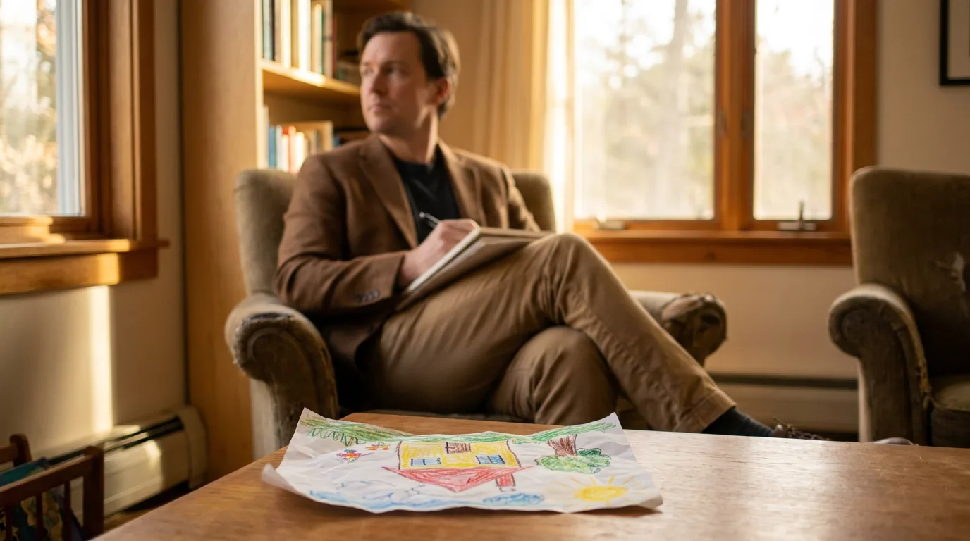 A supervisor seated with a notebook quietly observing during a child's visitation session