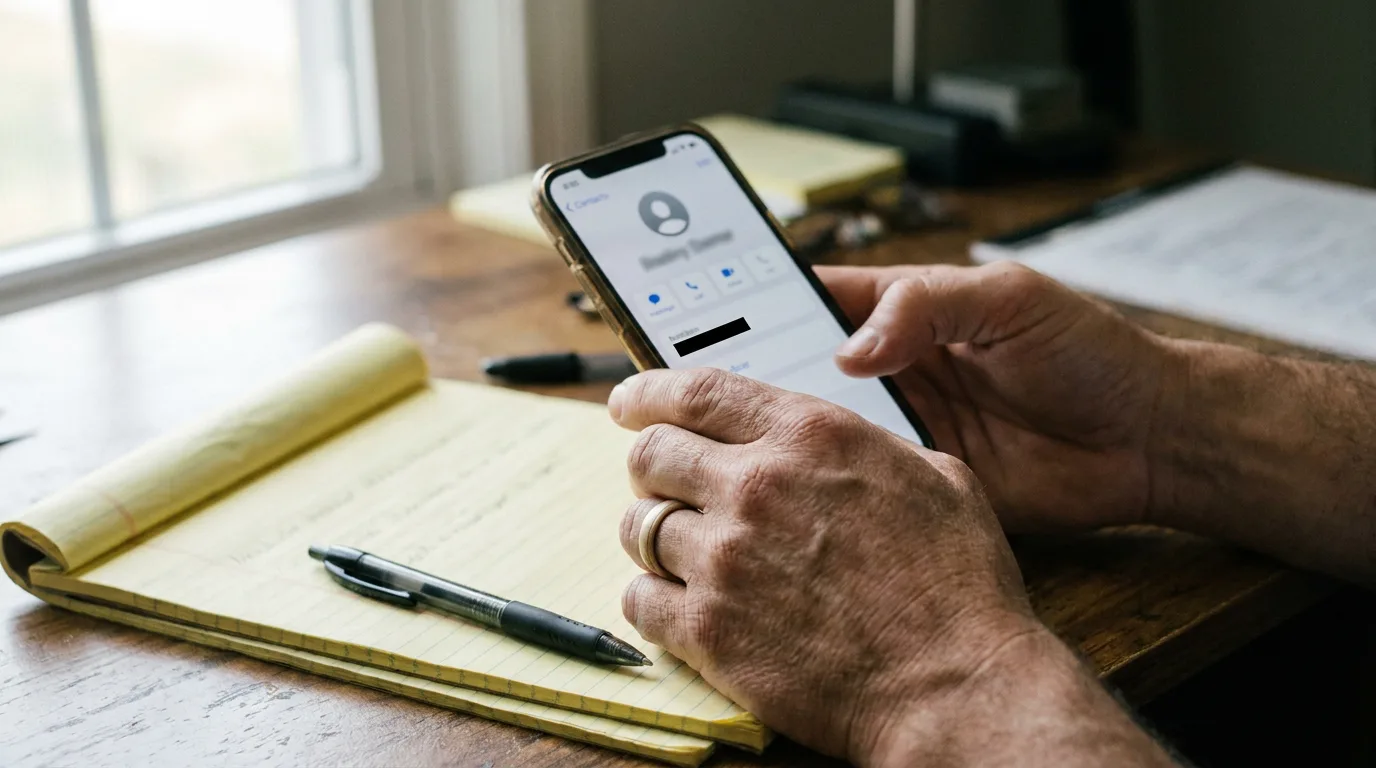 Hands holding a phone showing a contact card with a redacted phone number, next to a legal pad