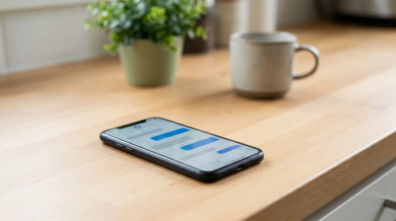 A smartphone on a kitchen counter showing a generic messaging interface with timestamped chat bubbles